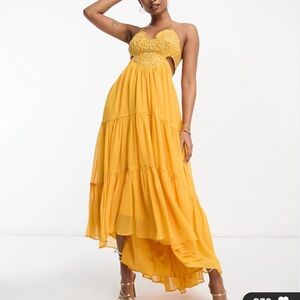 Halter maxi dress with hi low hem mustard yellow